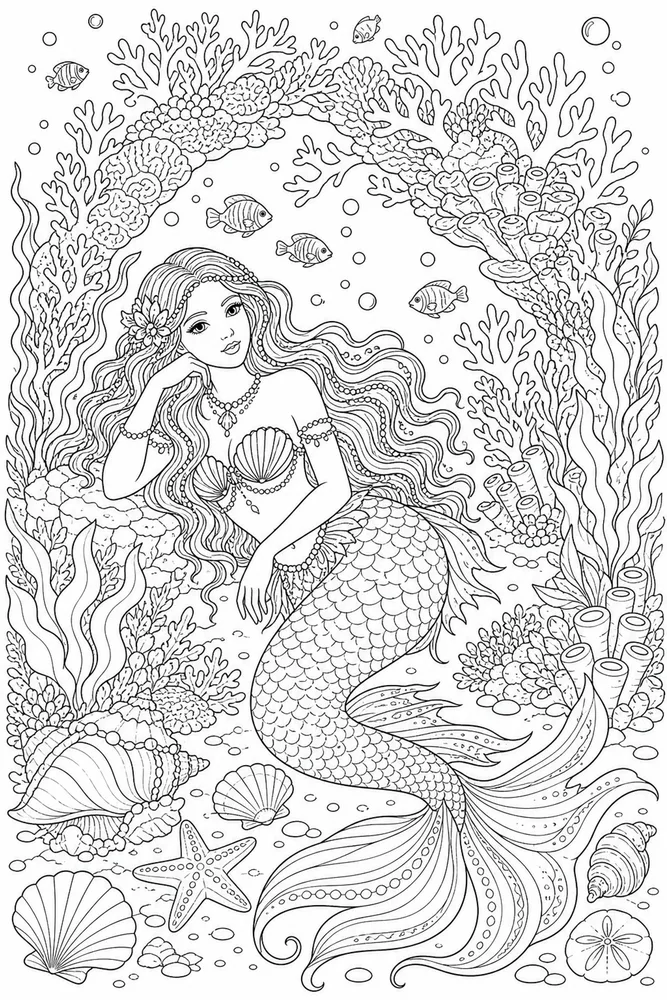 Adult Mermaid Coral Arch coloring page