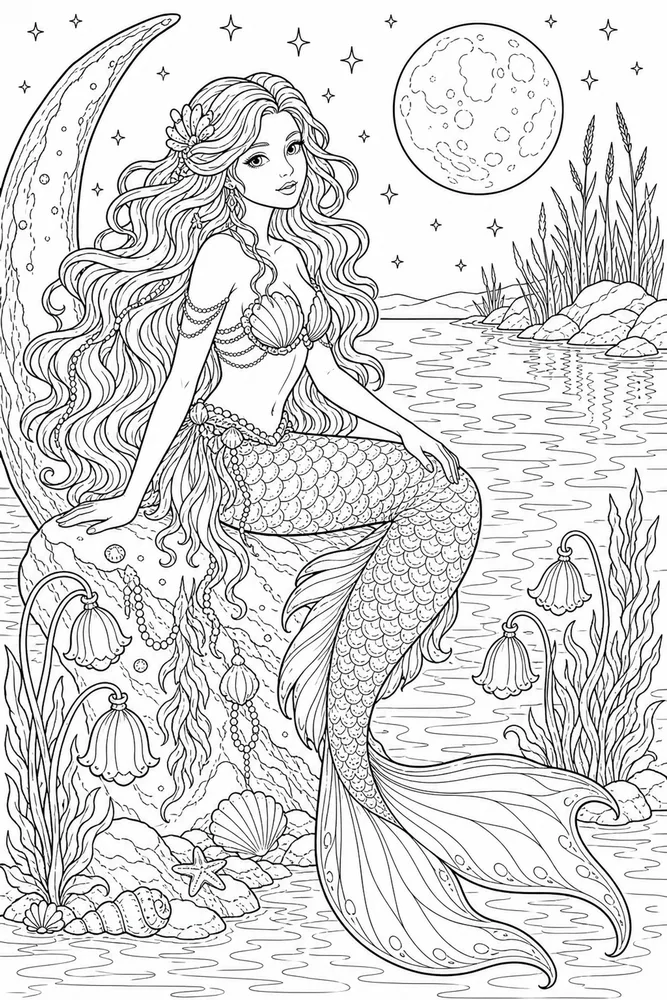 Adult Mermaid Moonlit Lagoon coloring page