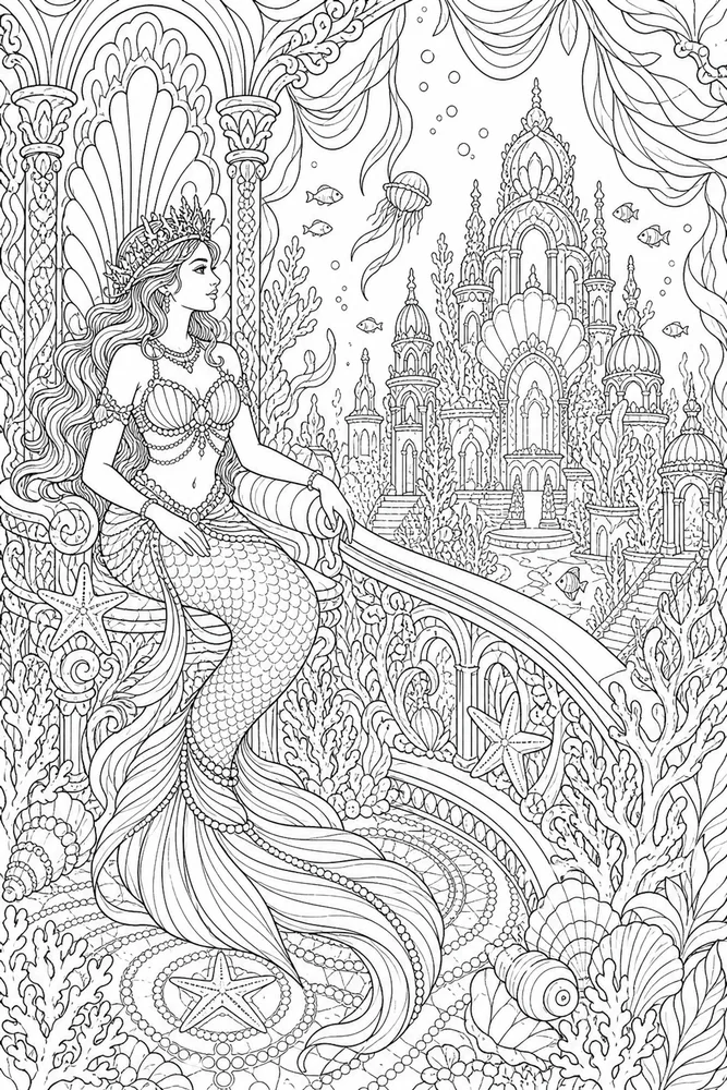 Adult Mermaid Ocean Palace coloring page