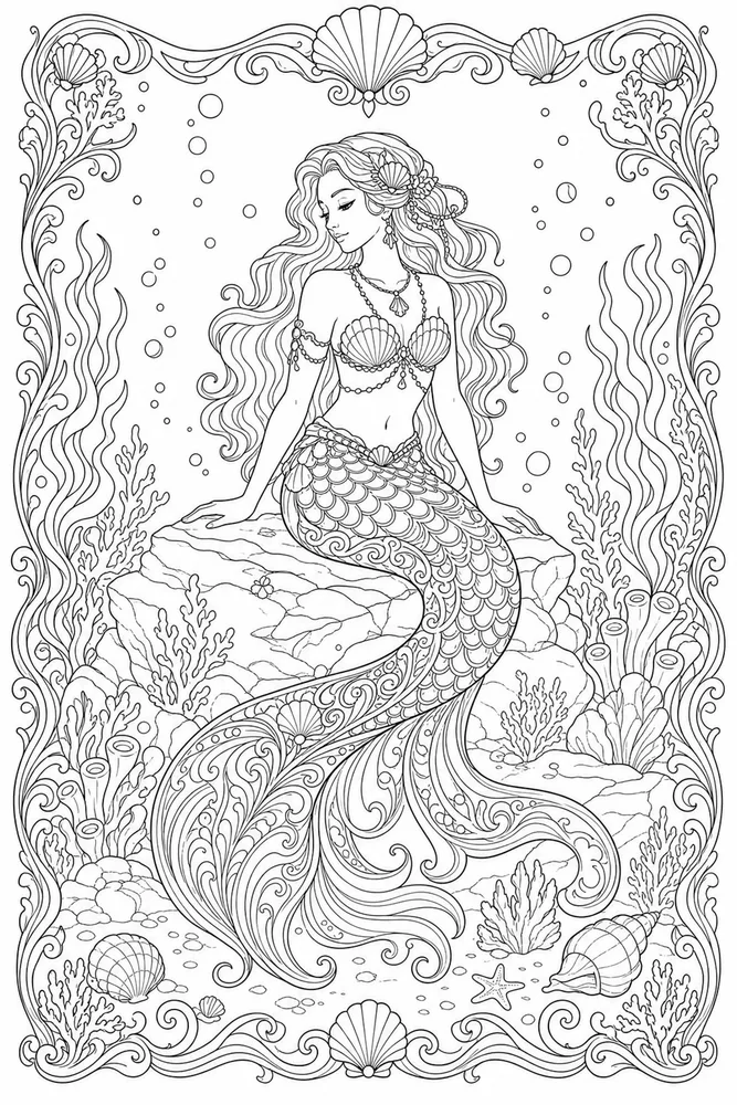 Adult Mermaid Ornate Tail coloring page