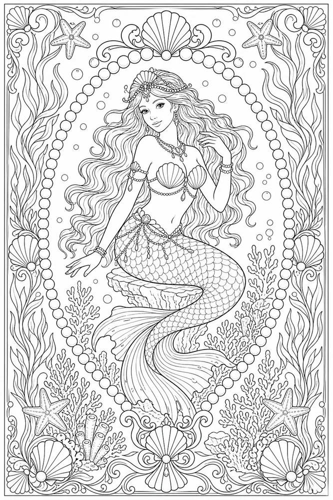 Adult Mermaid Pearl Frame coloring page