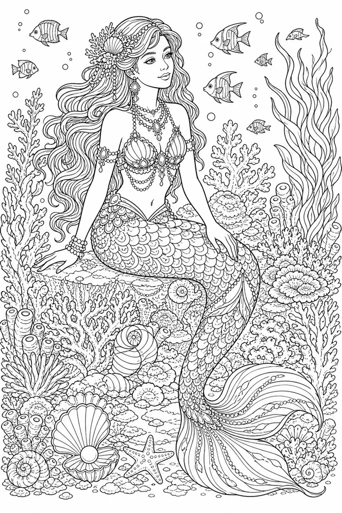 Adult Mermaid Reef Portrait coloring page