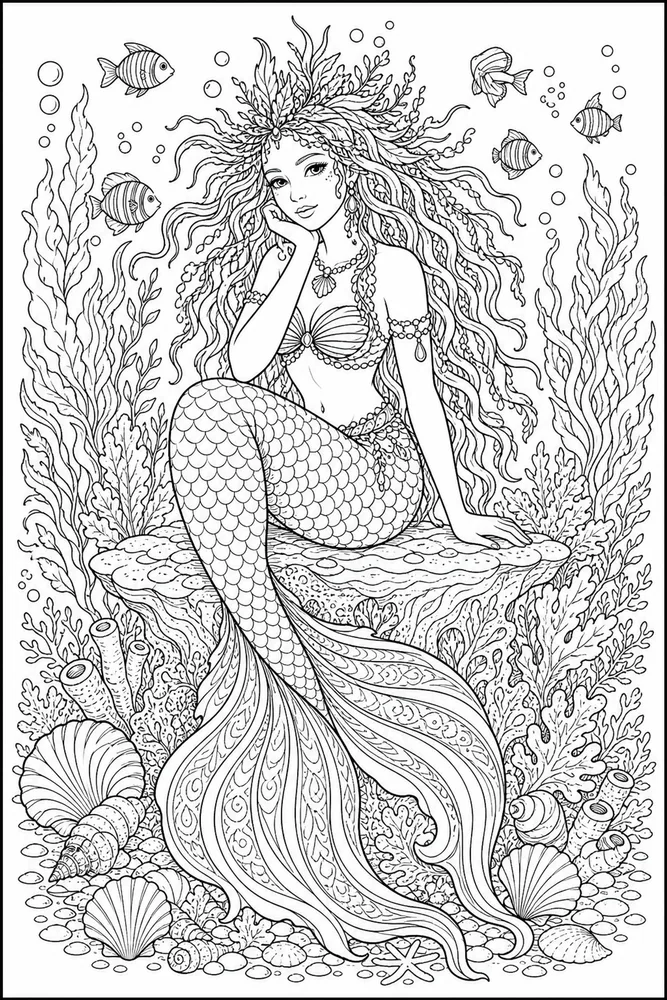 Adult Mermaid Seaweed Hair coloring page