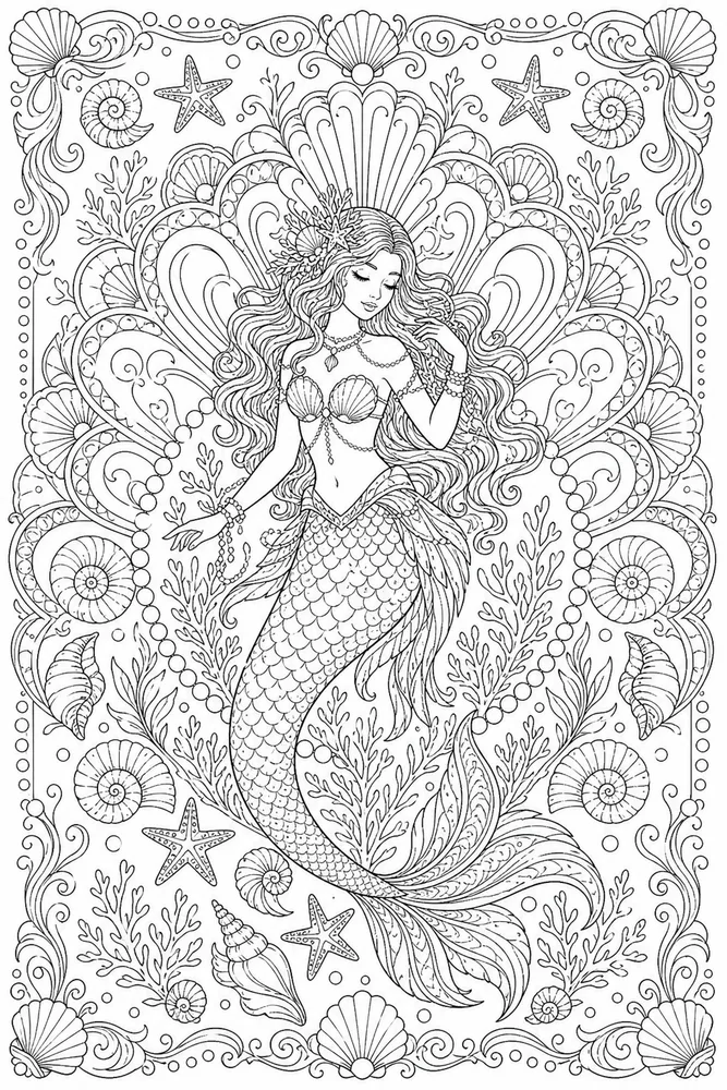 Adult Mermaid Shell Mandala coloring page