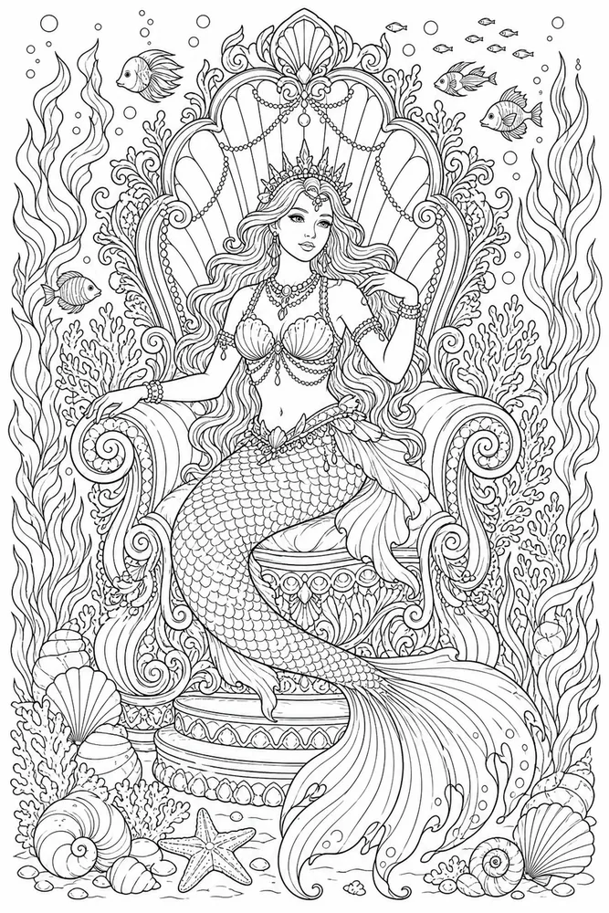 Adult Mermaid Shell Throne coloring page