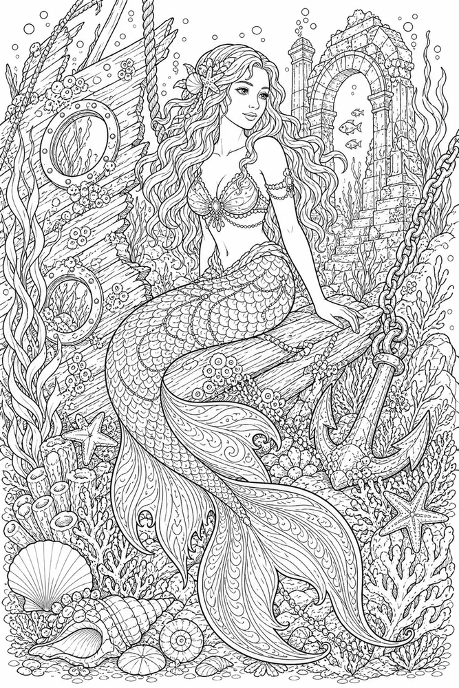 Adult Mermaid Shipwreck Ruins coloring page