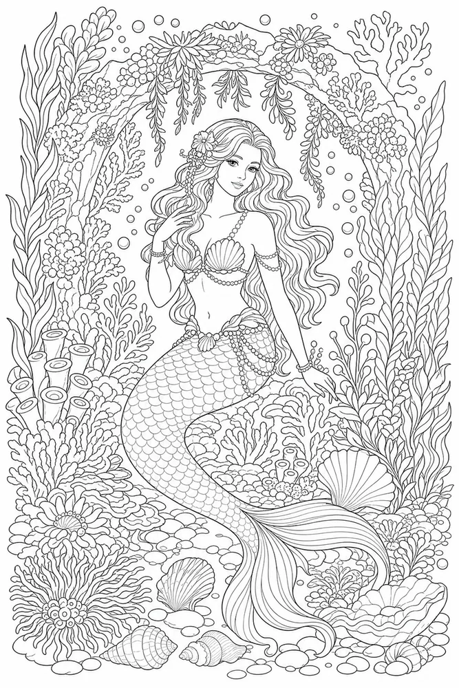 Adult Mermaid Underwater Garden coloring page