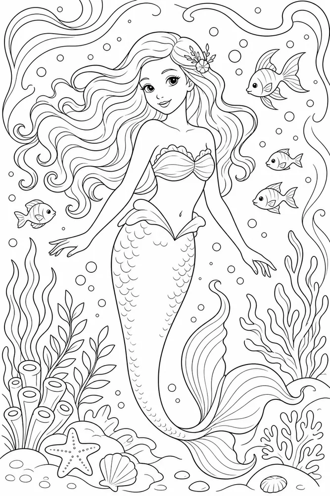 Beautiful Mermaid Flowing Hair Portrait coloring page