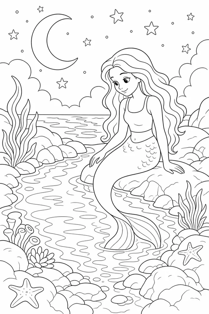 Beautiful Mermaid Moon Pool coloring page