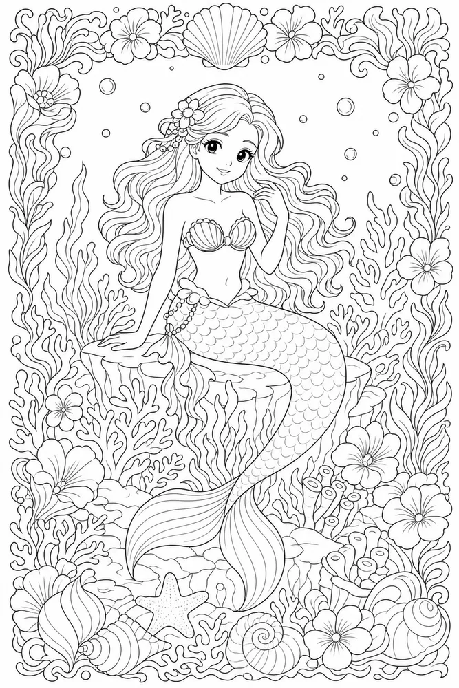 Beautiful Mermaid Sea Flower Frame coloring page