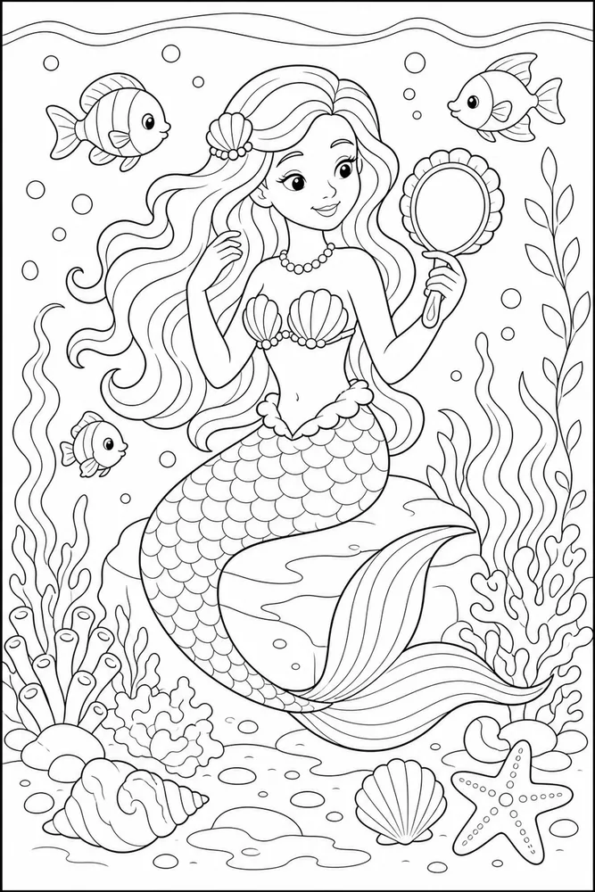 Beautiful Mermaid Shell Mirror coloring page