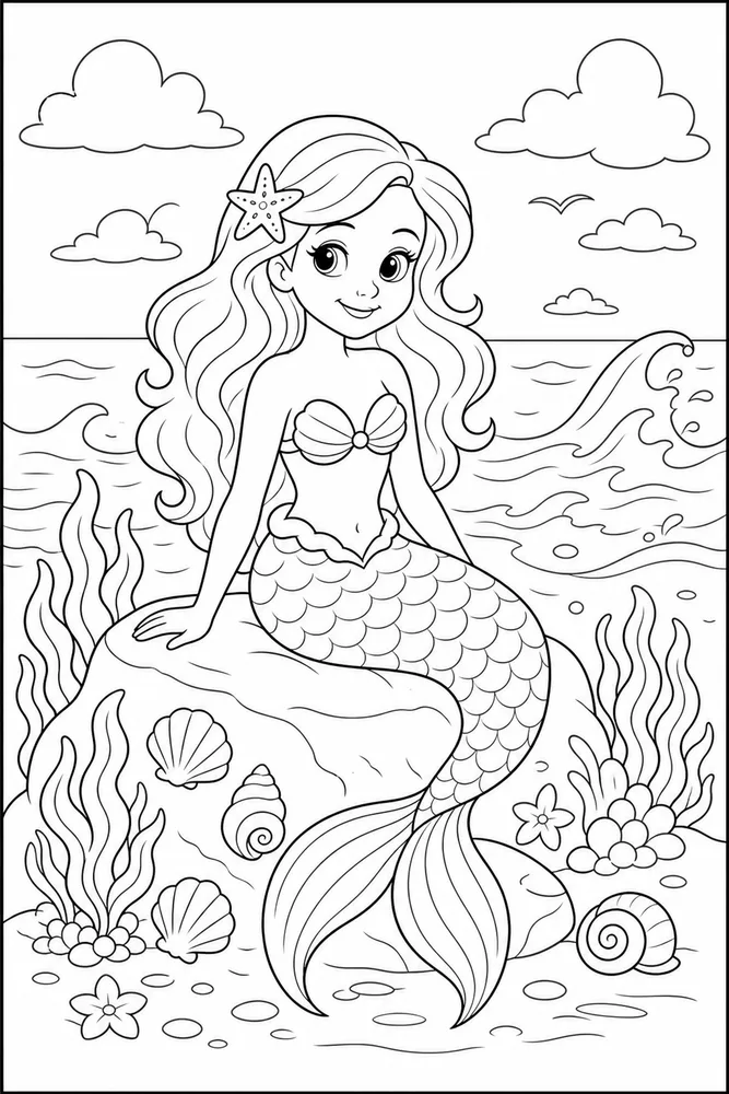 Beautiful Mermaid Starfish Hairpin coloring page