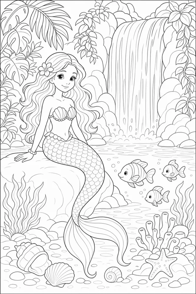 Beautiful Mermaid Waterfall Cove coloring page