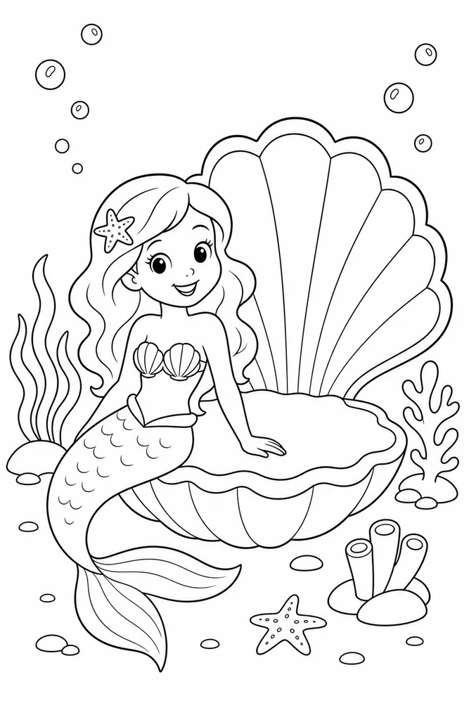 Easy Mermaid Big Shell coloring page