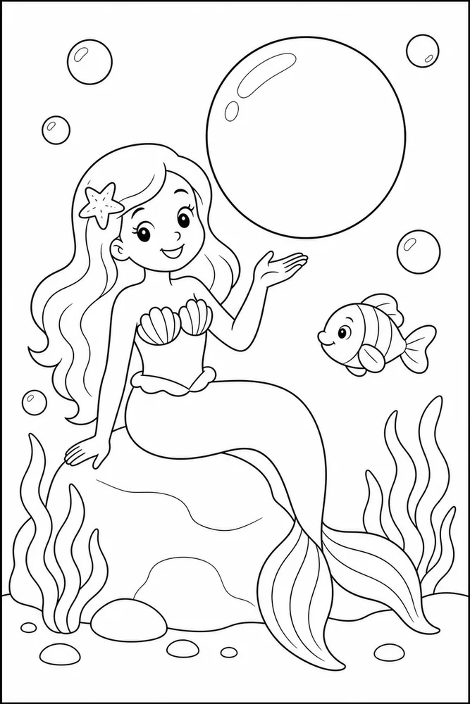 An easy mermaid bubble coloring page with simple ocean bubble shapes.