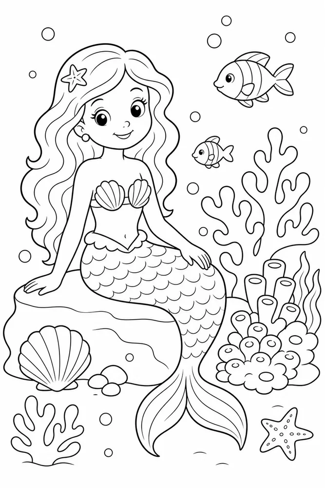 An easy mermaid coral coloring page with simple reef details for kids.