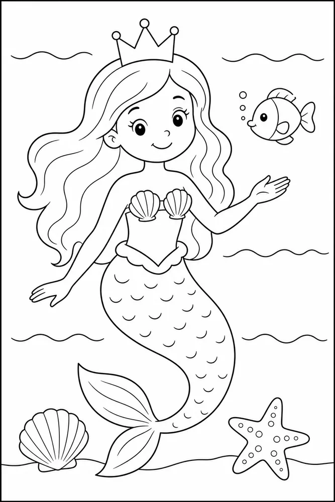 An easy mermaid crown coloring page with simple shell and ocean details.