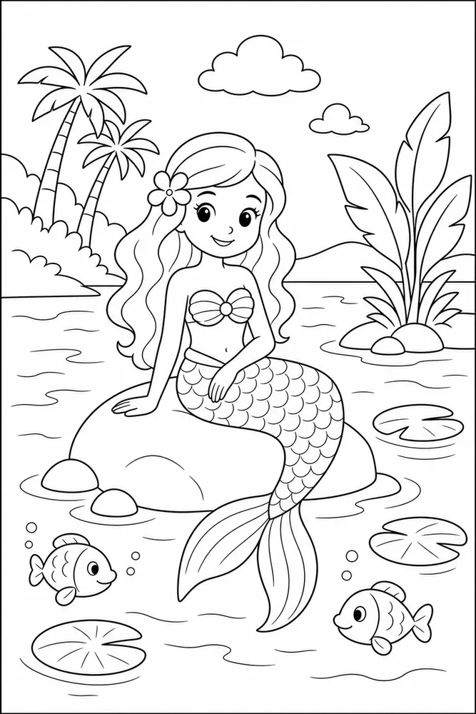 An easy mermaid lagoon coloring page with open underwater shapes.