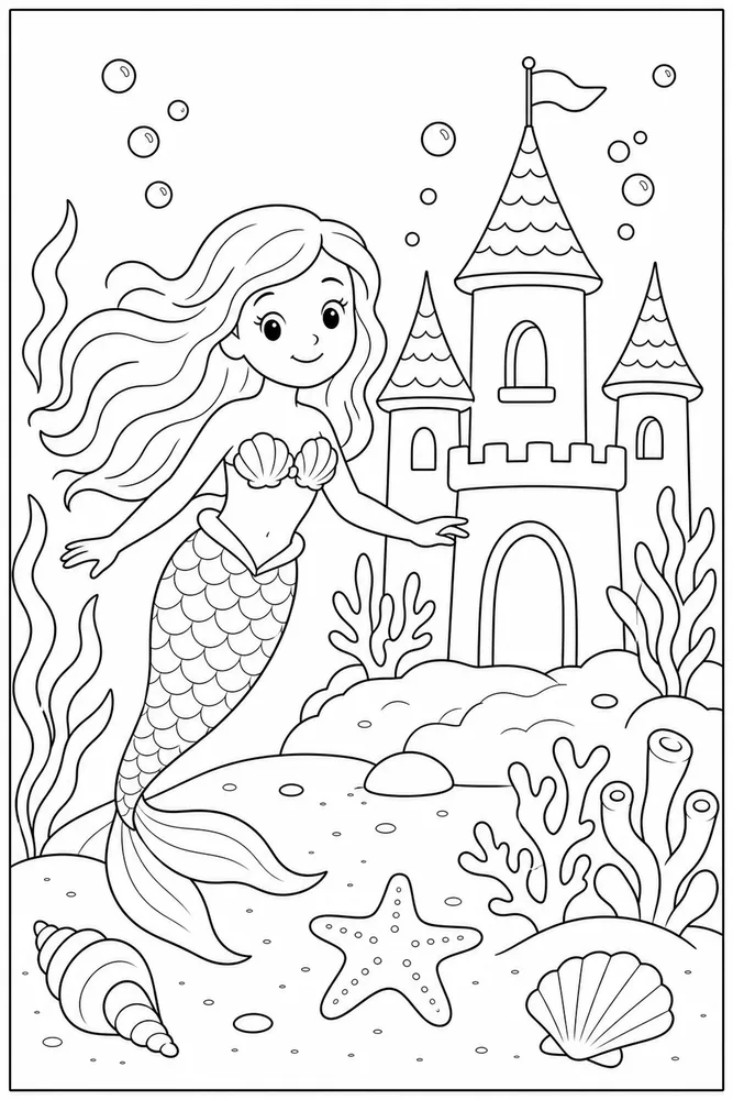 Easy Mermaid Sea Castle coloring page