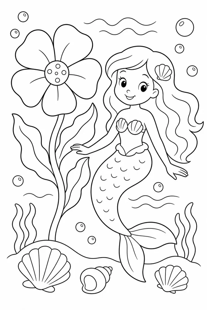 Easy Mermaid Sea Flower coloring page