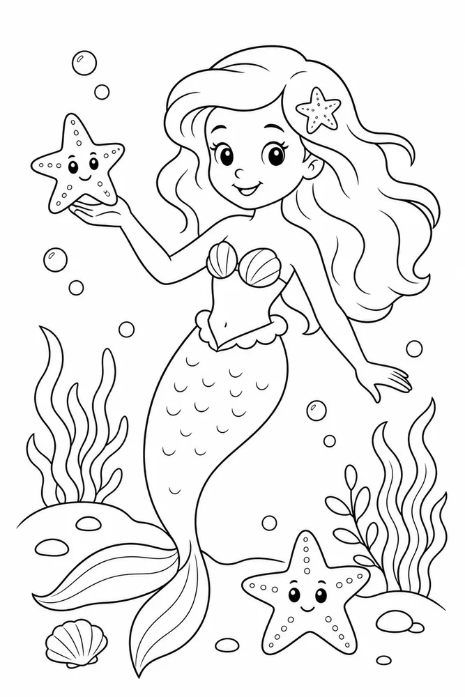 Easy Mermaid Starfish coloring page