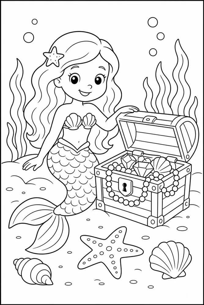 Easy Mermaid Treasure Chest coloring page