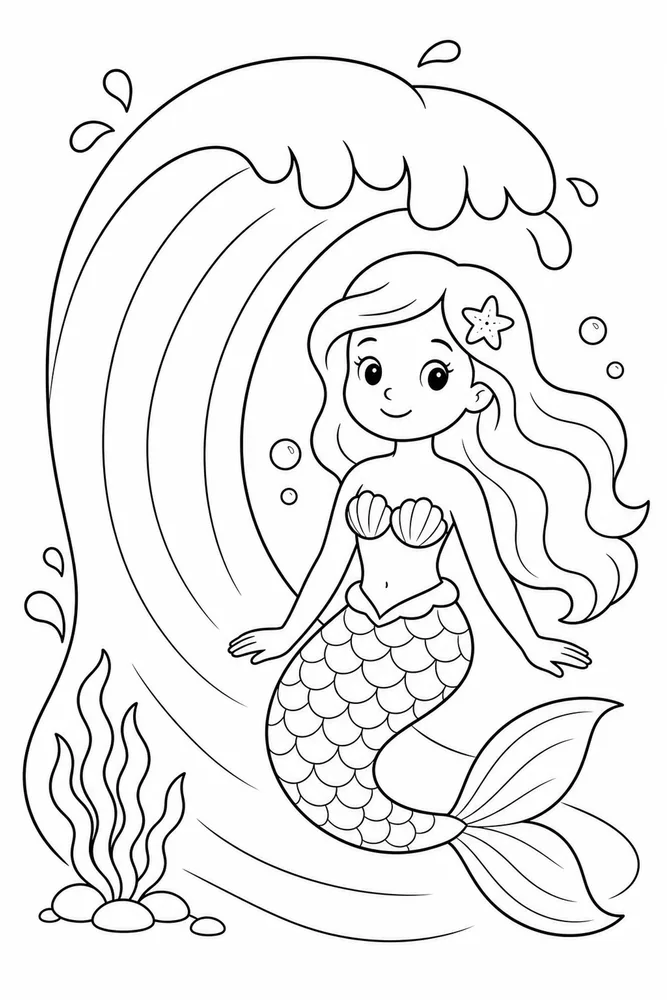 An easy mermaid wave coloring page with simple ocean details for kids.