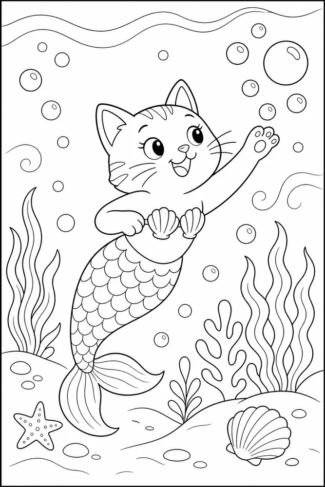 Mermaid Cat Bubble Chase coloring page