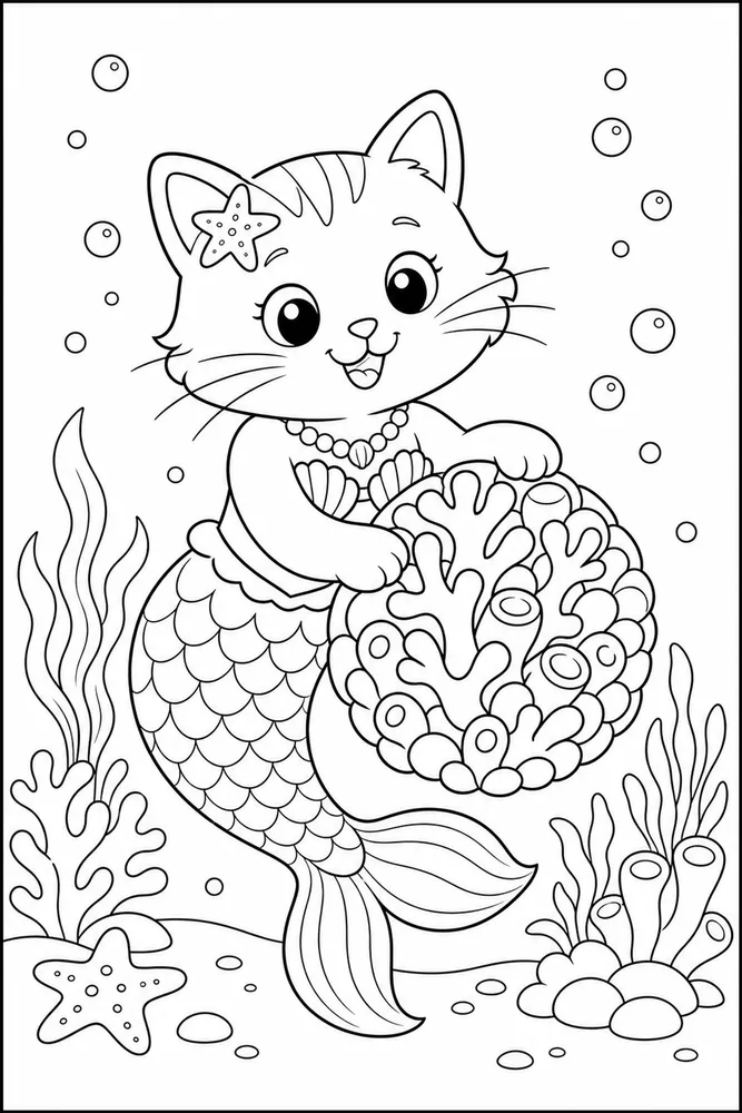 Mermaid Cat Coral Ball coloring page
