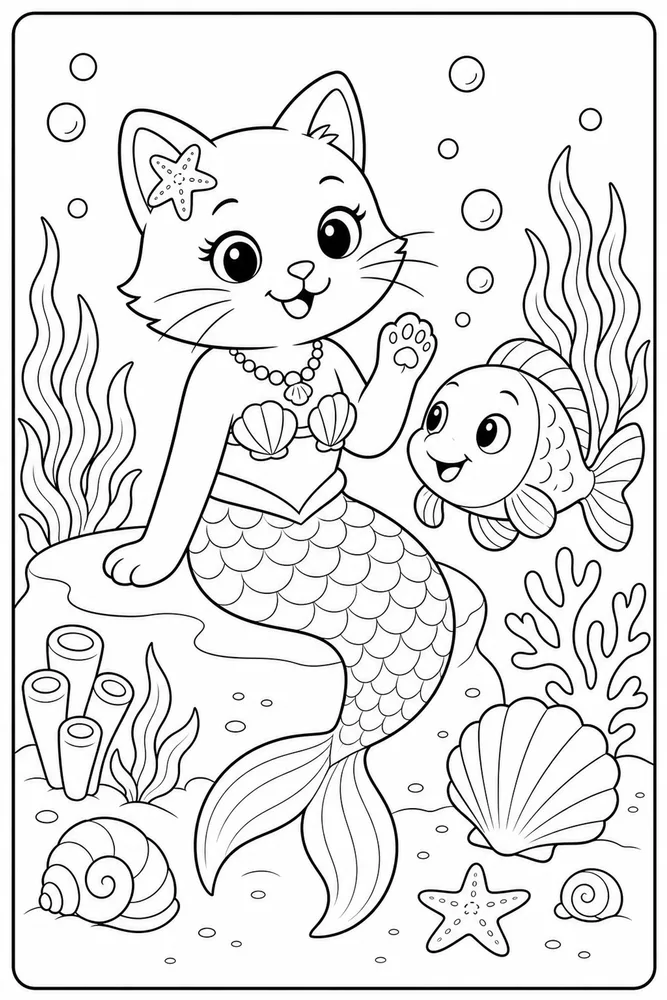 Mermaid Cat Fish Friend coloring page