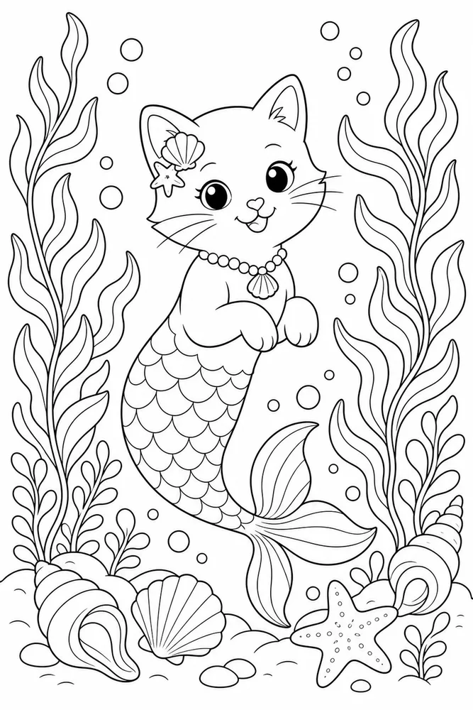 Mermaid Cat Kelp Garden coloring page