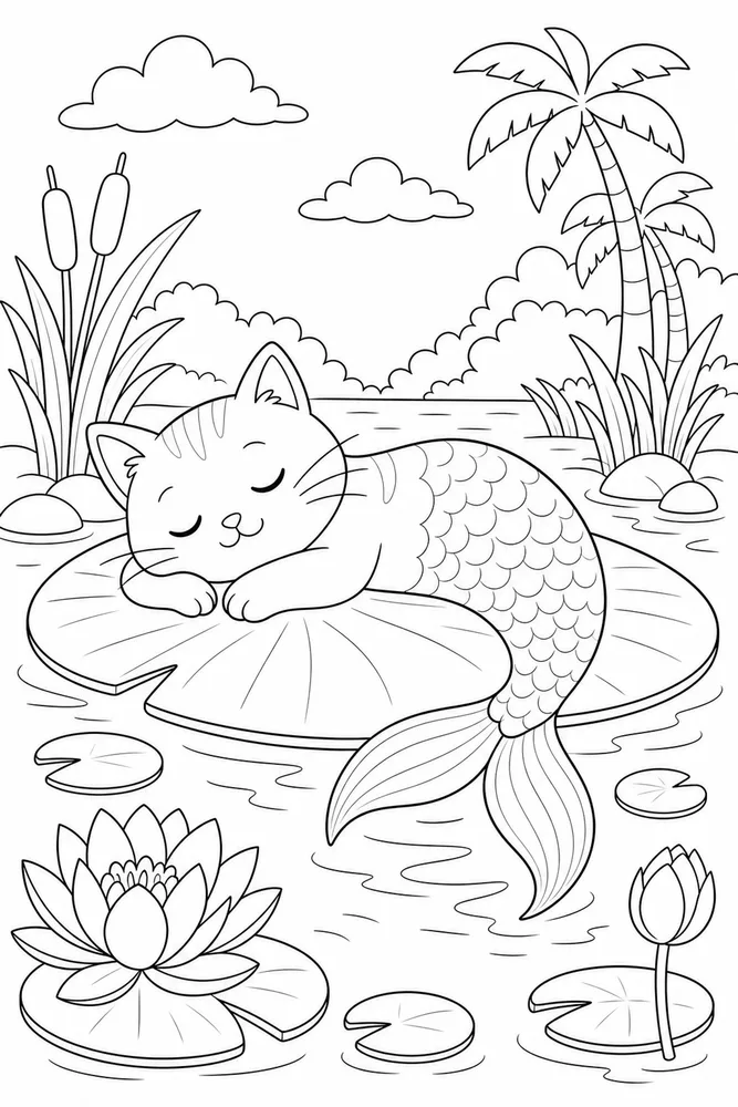 Mermaid Cat Lagoon Nap coloring page