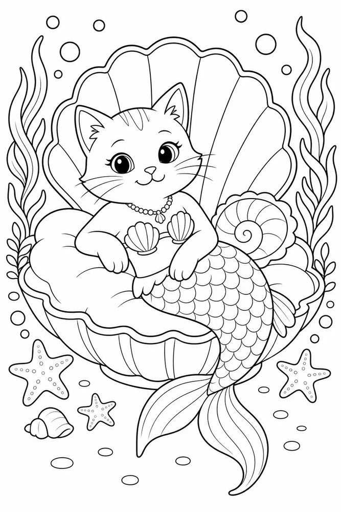Mermaid Cat Mercat Shell Bed coloring page