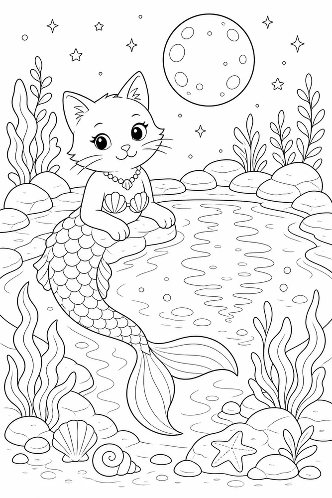 Mermaid Cat Moon Pool coloring page