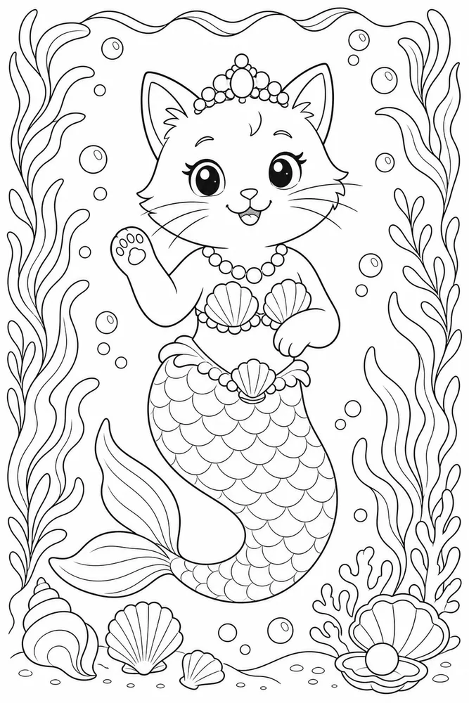 Mermaid Cat Pearl Crown coloring page
