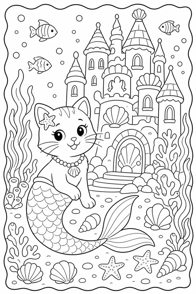 Mermaid Cat Sea Castle coloring page