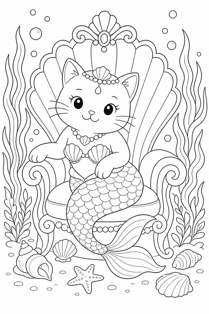 Mermaid Cat Shell Throne coloring page