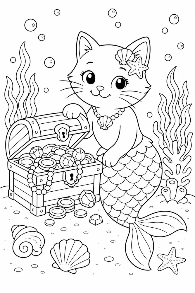 Mermaid Cat Treasure Chest coloring page
