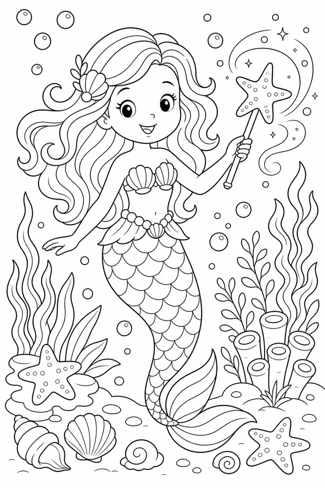Mermaid Magic Starfish Wand coloring page