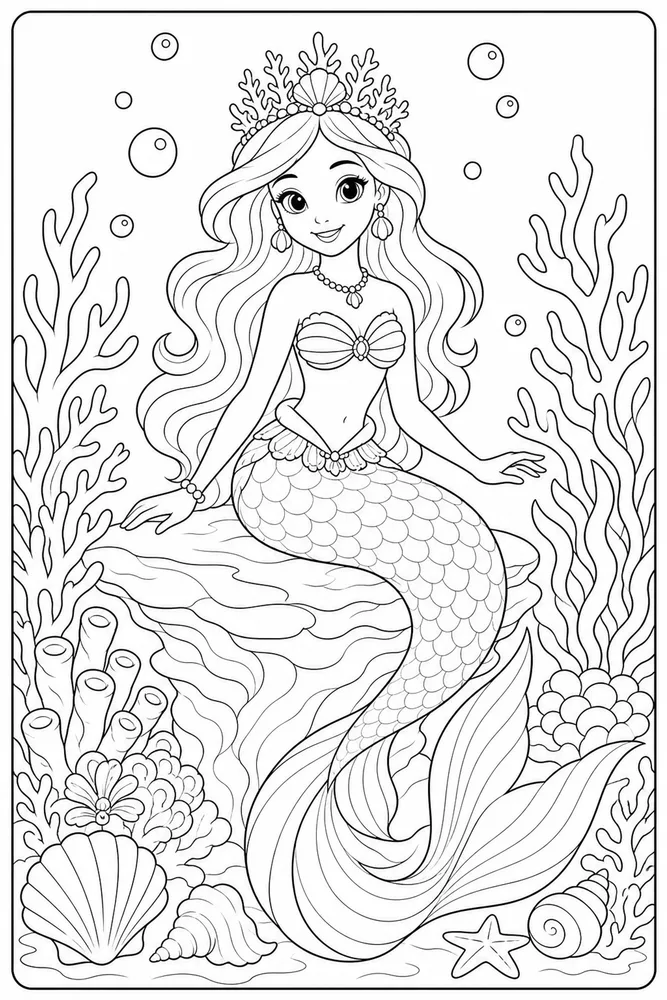 Mermaid Princess Coral Crown Portrait coloring page