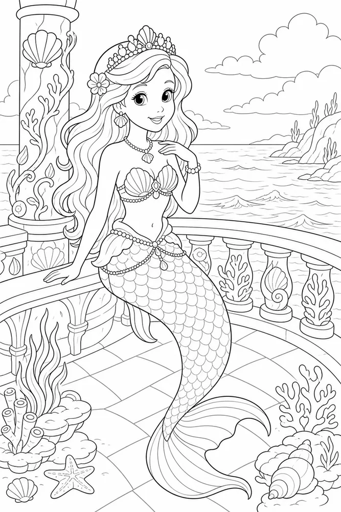 Mermaid Princess Ocean Balcony coloring page