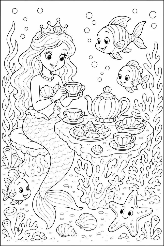 Mermaid Princess Reef Tea Party coloring page
