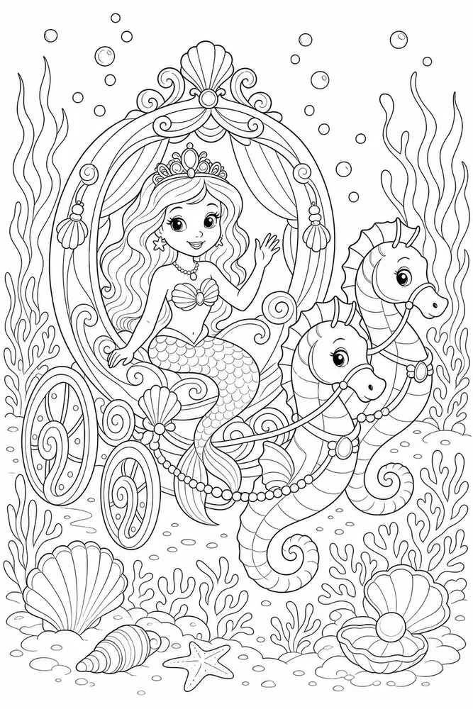 Mermaid Princess Seahorse Carriage coloring page
