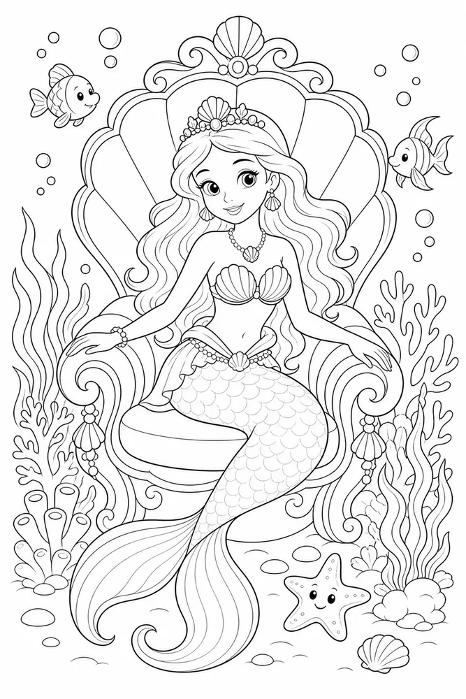Mermaid Princess Shell Throne coloring page