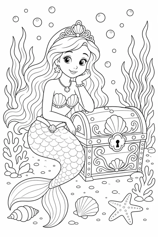 Mermaid Princess Treasure Chest coloring page
