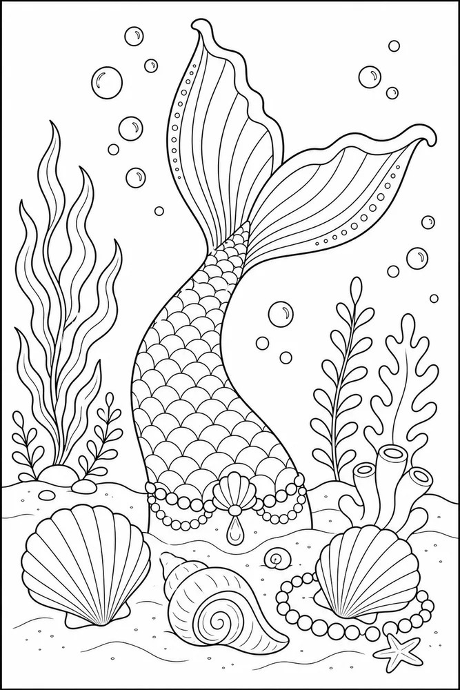 Mermaid Tail Tail And Shells coloring page