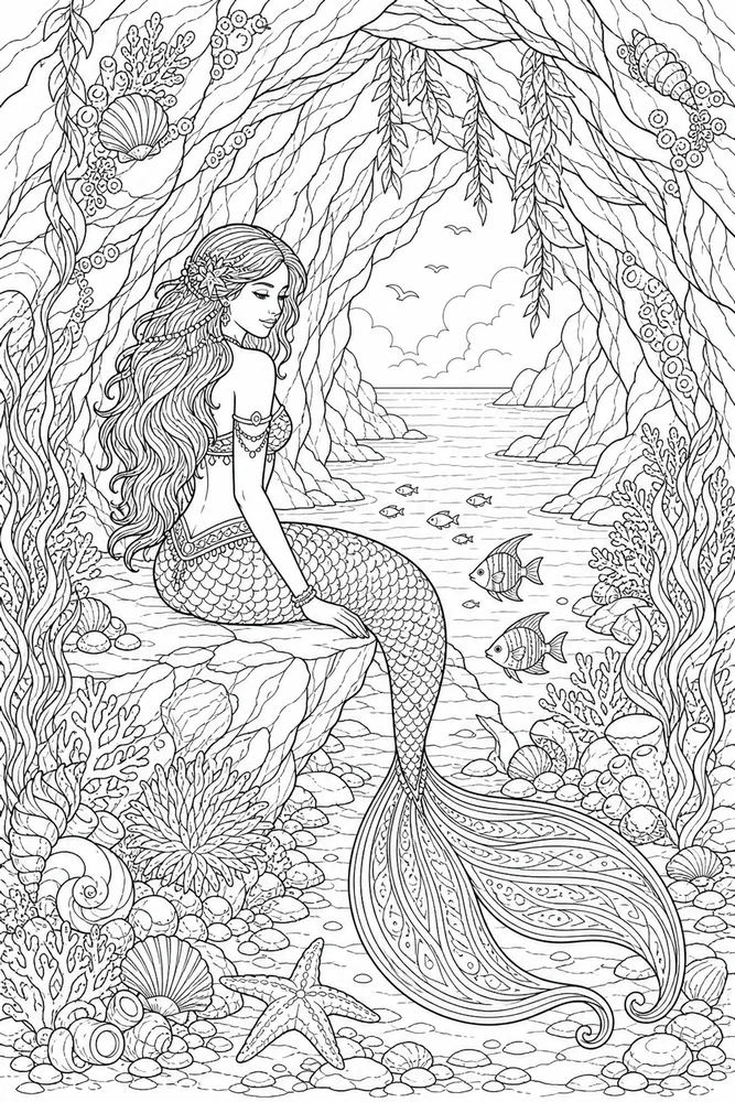 Realistic Mermaid Cave Entrance coloring page