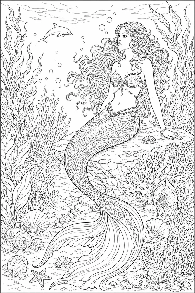 Realistic Mermaid Dolphin Distance coloring page