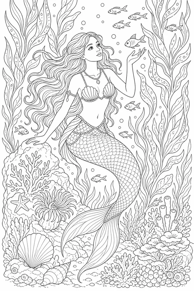 Realistic Mermaid Kelp Forest coloring page