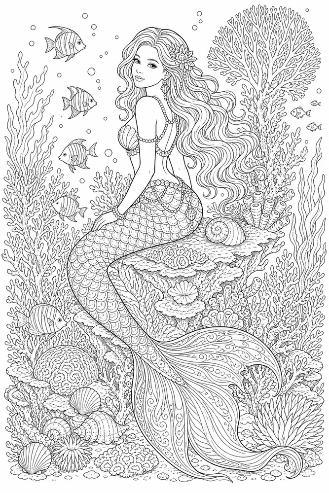 Realistic Mermaid Natural Reef coloring page